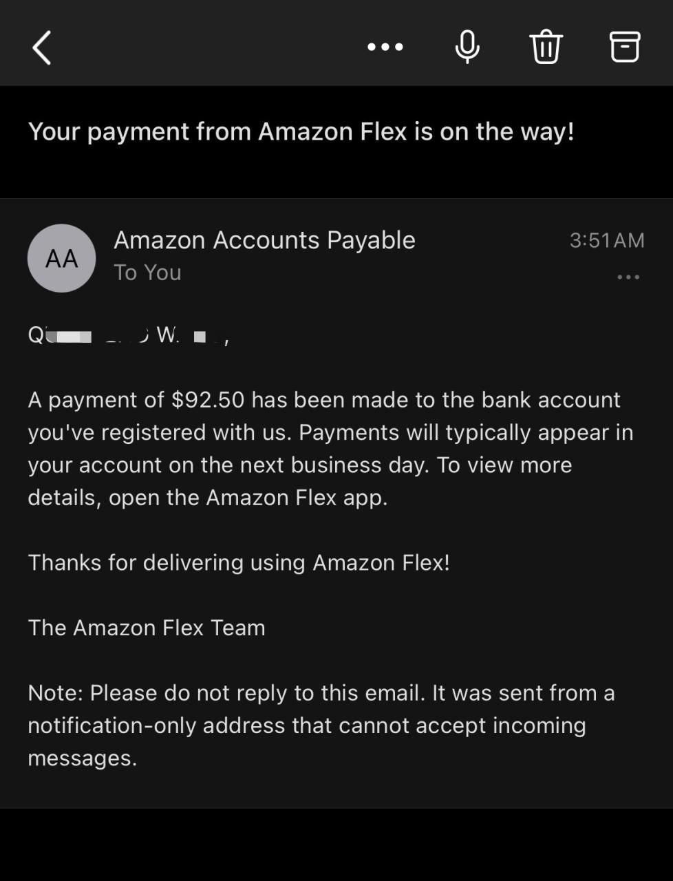 Amazon Flex发来的邮件，通知正在付款（92.5美元）